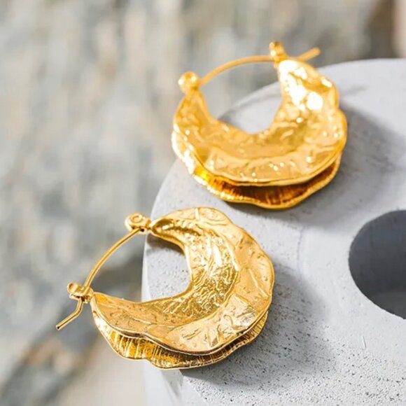 New African Fulani Basket Hoop Earrings 14K Gold Plated Textured Metal Boho - Picture 5 of 12